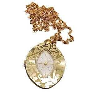 Vintage Endura Gold-Tone Pendant Watch Necklace with Floral Etched Design & Chai